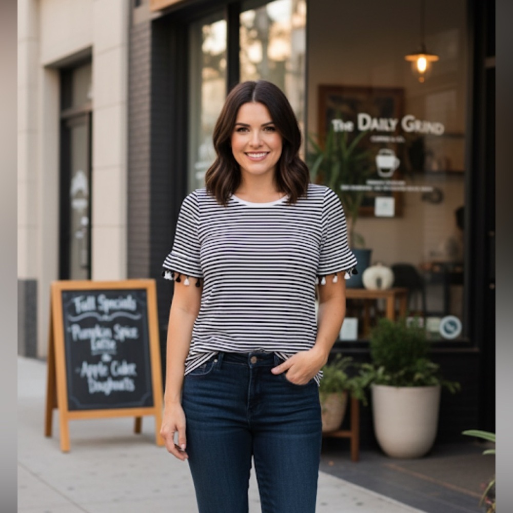 Tribal small petite black & white striped top